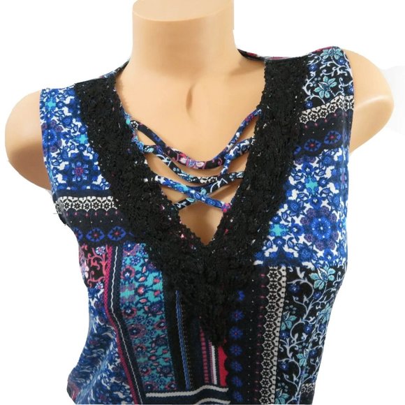 Bobby Brooks Knit Top Sleeveless Multicolor Patchwork Ladder Lace V-Neck - Picture 3 of 9